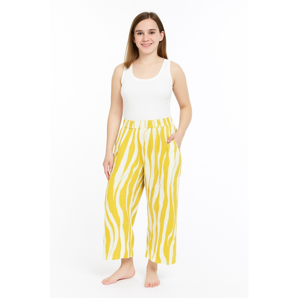 Women's Rachel Zoe XL Yellow White Zebra Print Linen Wide Leg Pants - Picture 1 of 10